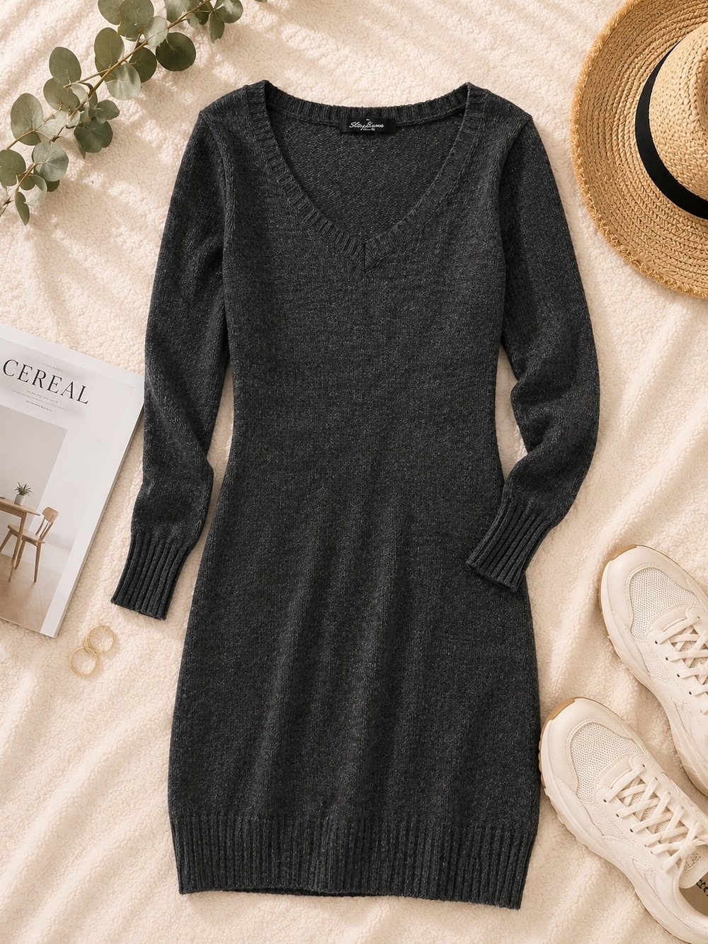 Charcoal V-Neck Knit Sweater Dress - Dark Gray